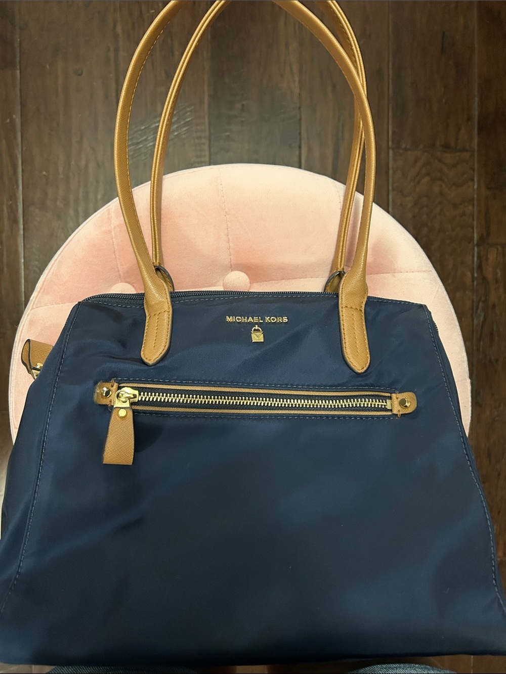 Michael Kors Navy Tote with Tan Leather Trim and Gold Hardware